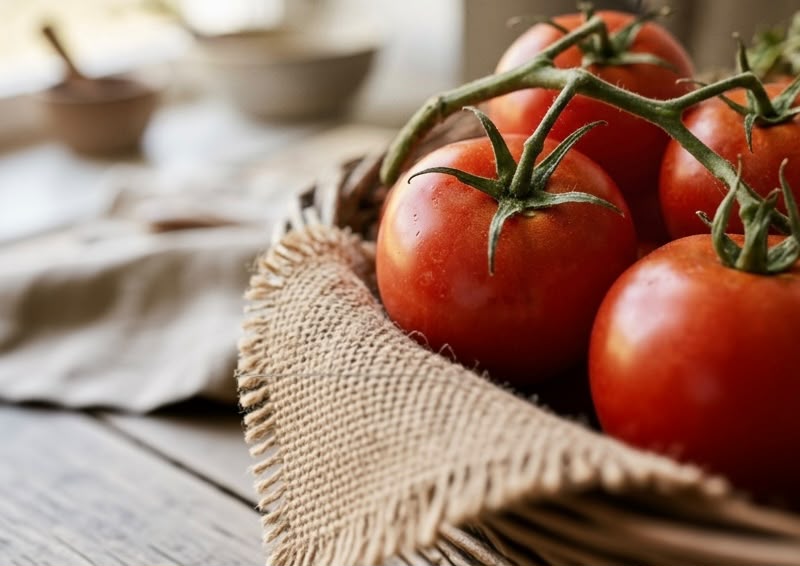 Healthy tomato harvest — same basket, glossy vine-ripened fruit after KrishiScan diagnosis and Kisan Didi's cure plan